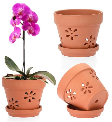 SUMTree 15cm 3 Pack Terracotta Orchid Pots with Holes and Saucers | Small Terra Cotta Orchid Pot Plant Flower Pots for Orchid for Indoor Outdoor Garden Promotes Air Circulation, Terracotta Pots