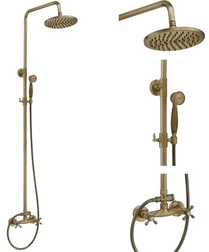Bathfinesse Antique Brass Outdoor Shower Kit, Exposed Pipe Shower System Set, Rainfall Outside Shower Features Two Handle High Pressure, Wall Mount | Rain Shower Head Wide Coverage, High Pressure, Anti-deformation & Leakproof, Flexible Twist-resistant, Save Space
