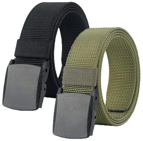 Luoqun88 Work Belts for Men Pack of 2, Adjustable Nylon Fabric Belt, No Metal Buckle, Fast Pass Through Airport Security, Breathable Outdoor Web Belts with Plastic Buckle - Black&Green