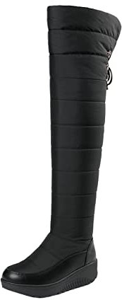 Frauen Kniehohe Stiefel und Winter modisch und niedlich Schleife Knoten warm und Baumwolle Schneestiefel wasserdicht besohlt bequem Schuhe Mit Keilabsatz Für Damen Innen (Black, 37)