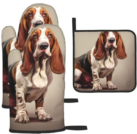 YYHHAOFA Lot de 3 gants de cuisine imperméables et durables pour four et manique pour isolation thermique Motif lévrier basset