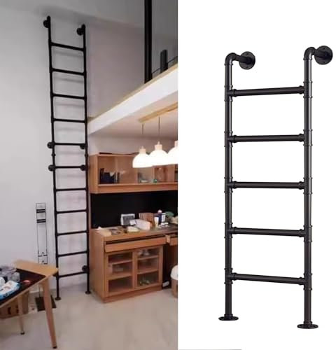 Multifunktionale Feuerleiter, robust, Schmiedeeisen, für Keller, Fenster, Brunnen, Dachboden, Bibliothek, Dach, Balkon, 221 cm, Schwarz