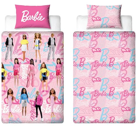 Barbie Officially Licensed Single Childs Duvet Cover Set | Unboxed Design Reversible 2 Sided dolls Bedding Including Matching Pillow Case Brands Polyester Single Quilt Cover, Pink