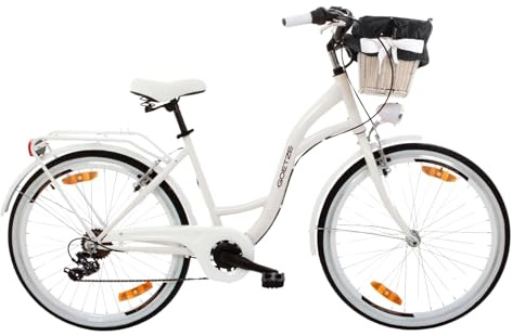 Goetze Mood 26 Zoll Jugendfahrrad, 17 Zoll Tiefeinsteiger Aluminiumrahmen, 6-Gang Kettenschaltung, doppelte V-Bremsen, LED-Beleuchtung, Rattankorb, Komfortsattel, mit Seitenständer & Klingel