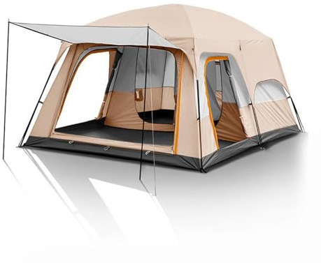 Utomhustält, Bärbart Familjetält med två Sovrum och Ett Vardagsrum, 8-12 Personer, Oxford Tissue Weatherproof, Big Room Camping med Solskydd och Förvaringsutrymme (Kaki)