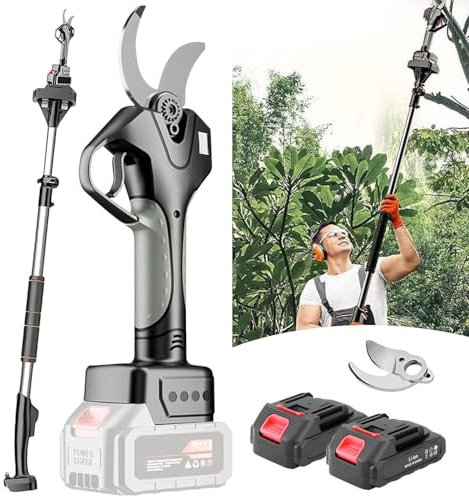 AUTUMFLATGAO Sécateur électrique, Diamètre De Coupe 50mm, sans Fil, avec écran LCD, 2 Batteries Rechargeables Et Perche Télescopique, pour Arbres Et Branches De Jardin