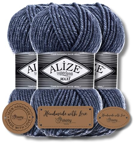 Hobby YARN 3x Etikettenlabel mit Alize Superlana Maxi Wolle Premium 3x100g als Set, Yarn, Garn, Strickgarn, Einfarbig, Baby, zum Häkeln Stricken Kleidung Schals (203)