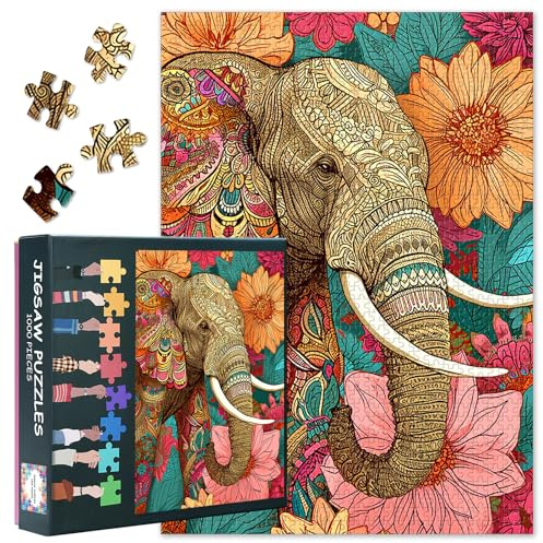 1000 Pieces for Adults Jigsaw Puzzle Educational Games - 50x70 cm Elephants and Flowers Difficult Challenging Puzzles - Wild Animals Puzzles Family Game Night
