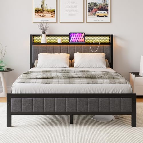 BORPHOM Sängram med LED, laddningsstation, dubbelsäng/enkelsäng, gästsäng, metallsäng, klädsäng, 140 x 200, sängram av metall, ungdomssäng, med ribbotten, sänggavel i grå, för sovrum, gästrum