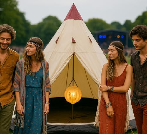 JSH 2-3 Man Teepee Festival Camping Tent | Spacious Wigwam Tipi Tent with Mesh Flyscreen Windows | Quick & Easy Set Up with Carry Bag | Perfect for Festivals, Picnics, Families, Glamping