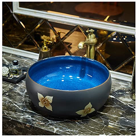 asdchZen Lavabo De Cerámica sobre Encimera, Lavabo De Porcelana, Lavabo De Tocador con Grifo Y Desagüe Emergente, Esmaltado En Azul.