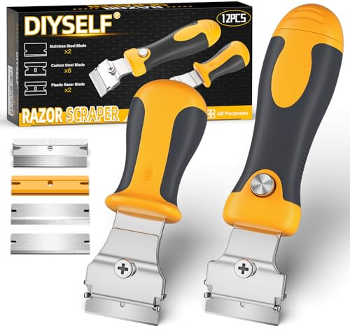 DIYSELF Ceranfeldschaber-Set mit Glasschaber, Küchenschaber und 10 Klingen | 2 Schaber mit kurzem und ausziehbarem Griff als Kochfeldschaber, Fensterschaber und Glaskeramik Schaber, inklusive 10 Klingen