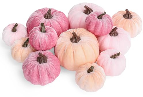 Whaline 12Pcs Fall Artificial Pumpkins Blush Coral Pink Peach Pink Fake Velvet Pumpkins 3 Sizes Autumn Foam Pumpkin Table Centerpiece for Fall Baby Shower Thanksgiving Halloween Party Decoration
