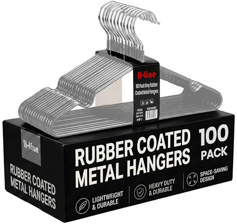 H-line Metal Hangers Rubber Coated 100 Pack Heavy Duty Strong Clothes Space Saving Organiser Hangers For Wardrobes Coat Rack Rails & Closet Thin and Non-Slip Clothing Hanger (Grey)
