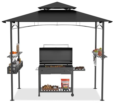 HENGMEI Grill Pavillon 2.45 x 1.53m, Grillpavillon Partyzelt Doppelstöckige Schutzabdeckung, Grillzelt Gartenpavillon Pergola mit Regalen und Ablagekörben für Party, Marktstand, Picknick (Schwarz)