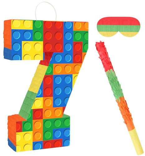 Lemicin Number 7 Pinata Building Blocks with Pinata Stick Blindfold 7th Birthday Party Decorations Happy Birthday Building Block Theme Anniversary Party Supplies for Kids (Small, 16 x 10.6 x 3 in)