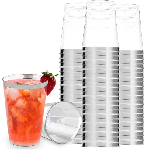 YWKJDDM Lot de 30 gobelets en plastique transparent avec bord argenté élégant - 355 ml - Pour champagne, bière, cocktail, martini, soda, dessert