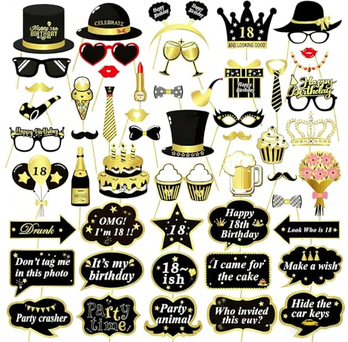 Riceel 18. Geburtstag Foto Requisiten, 53 Stück Fotobox Accessoires Party Zubehör Deko Fotorahmen Schwarzes Gold Tischdeko Geburtstag für 18 Geburtstag Mädchen und Junge