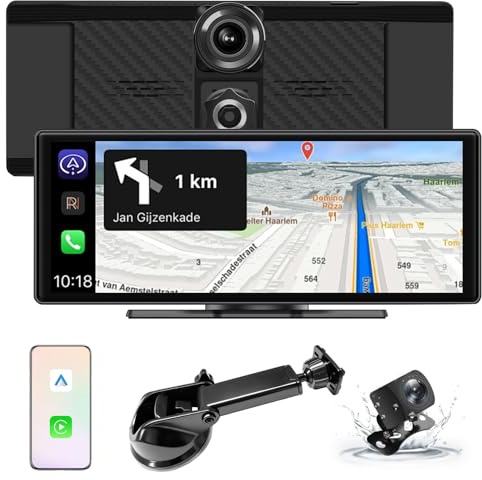 ONGNIUU 10.26 Pantalla portátil inalámbrica con App/le Carplay y Android Auto, Pantalla Táctil IPS con Cámara Frontal 4K, Cámara Trasera 1080P, Navegación GPS, Control de Voz Manos Libres