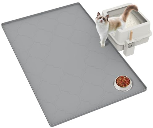 Kattmatta för kattlåda, 86 cm x 56 cm stor silikonmatta för att fånga kattströ, lätt att rengöra för spridning, mjuk för katttassar, grå