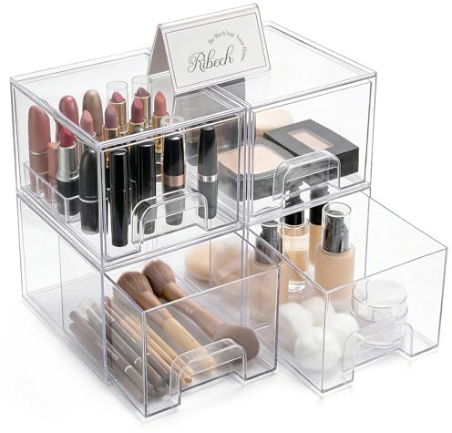 Ribech Juego de 4 Cajas con Cajón Apilables Transparentes – Organizadores de Acrílico Reforzado, con Asas y Patas de Silicona, para Cocina, Baño, Nevera, Estantería