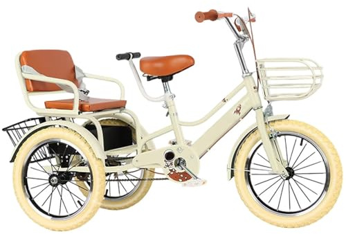 LSQXSS Große Dreiräder mit aufblasbaren Rädern, Tandem-Fahrrad für 3–10 Jahre, Rücksitz mit Gurt, Dreiräder für Kleinkinder mit Armlehne, 3-Rad-Fahrräder für unterwegs, Körbe vorne und hinten