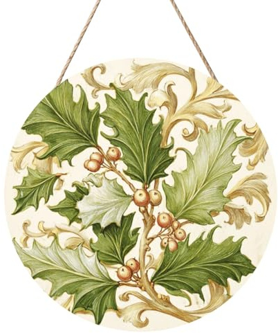 Woshuwo Cartello di benvenuto in legno con ramo di agrifoglio, per porta d'ingresso, 30 cm, rotondo, da appendere, decorazione per casa colonica