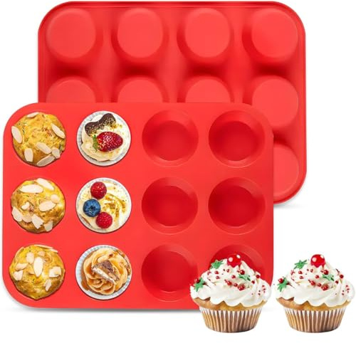 HUZNA Juego de 2 Moldes Magdalenas Horno,Recubrimiento Antiadherente,Silicona Grande para 12 Magdalenas,Reutilizables para Cupcake,Brownie,Pudín,Muffins