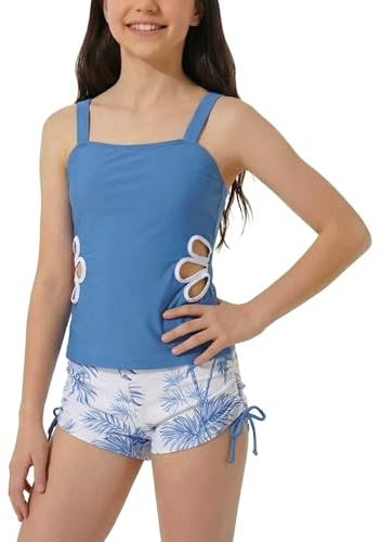 SEAUR - Traje de baño de 2 piezas para niña con conjunto corto estampado de flores para niños de 9 a 16 años