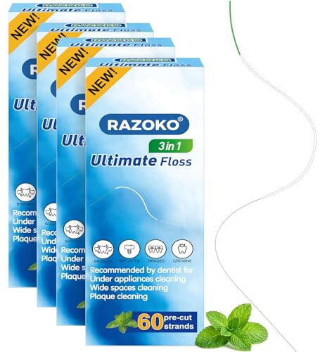 RAZOKO Lot de 240 fils dentaires 3 en 1 pour appareils dentaires et ponts - Avec aide à l'enfilage intégrée - Extensible comme une éponge - Sans PFAS - Goût de menthe glacée