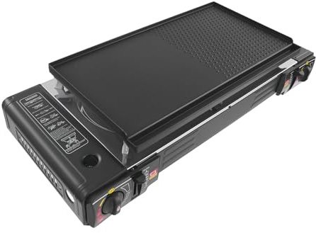 Juego de barbacoa de gas 2 en 1, hornillo de gas de 2 quemadores, hornillo portátil de camping con plancha + parrilla, para camping, viajes, trekking y cocina al aire libre