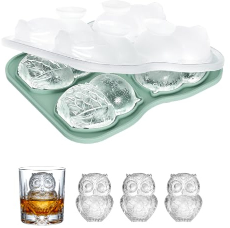 Eiswürfelform Groß, BPA-Frei Silikon Eiswürfel Groß Eiswürfelform Ice Cube Tray Eiswürfelbehälter mit Deckel für Cocktail, Whiskey, Saft, Kaffee Eiskugel (Grün-Eule)