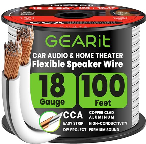 GEARit 18 Gauge Speaker Cable 100ft / 30.48m, Flexible 2x1mm² Speaker Wire with Polarity Markings, 18AWG CCA Audio Cable for In-Wall Home Theater, Car Audio Stereo, HiFi Surround Sound (White)