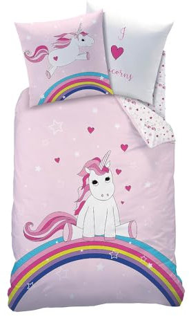 Familando Einhorn Bettwäsche Set 135x200 80x80 cm aus 100% Baumwolle · Rosa Flanell Bettwäsche für Mädchen mit Reißverschluss · Motiv mit Regenbogen