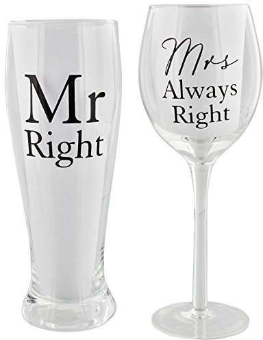 Amore Mr Right and Mrs Always Right by Amore Pint & Wine Glass Gift Set