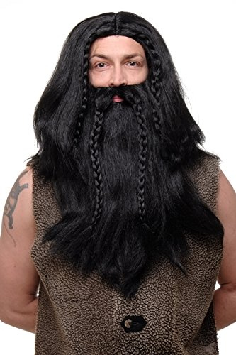 WIG ME UP - RJ033-P103 Perruque et Barbe Noire tressée de Viking Nain germanique Barbare pour Homme