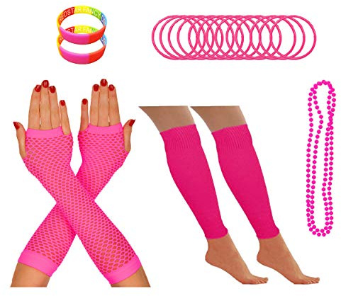 REDSTAR FANCY DRESS® - Partyoutfit für 80er-Neonparty - Beinstulpen Netzhandschuhe Perlenkette Neonfarbene Gummiarmbänder - Pink