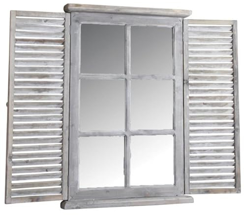 AUBRY GASPARD - Fenêtre Miroir en Bois Teinté - Finition Vieillie - Style Persienne avec Volets Mobiles - Hauteur 71 cm - Longueur 48 cm - Profondeur 7 cm - Dimensions Verre 36 x 58 cm - Gris