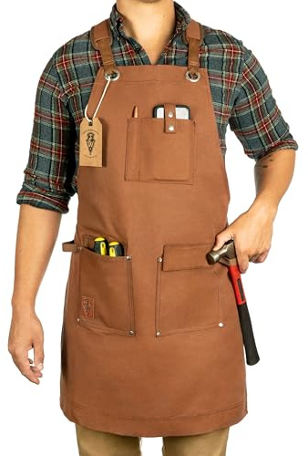 Texas Canvas Wares Waxed Canvas Heavy Duty Work Apron With Pockets - Deluxe Edition with Quick Release Buckle Adjustable up to XXL for Men and Women (Brown Deluxe Edition)