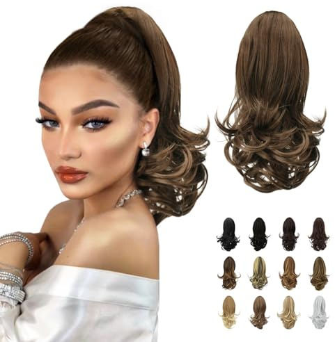 Sofeiyan 33cm Pferdeschwanzverlängerung Langer lockiger Pferdeschwanz Clip in Klaue Haarverlängerung Natürlich aussehendes synthetisches Haarteil für Frauen, Goldbraun