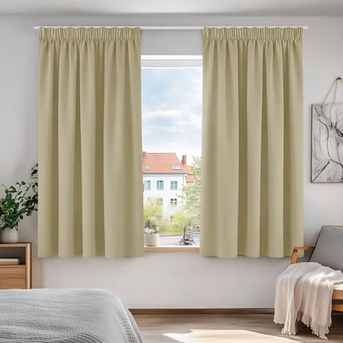Deconovo Dekoschal Blatt Drucken Gardine Kräuselbandgardine Vorhang Verdunklung Thermovorhang Kälteschutz Thermo gegen Kälte Thermogardine Hitzeschutz, 160x107cm(HöhexBreite), Beige, 2er Set