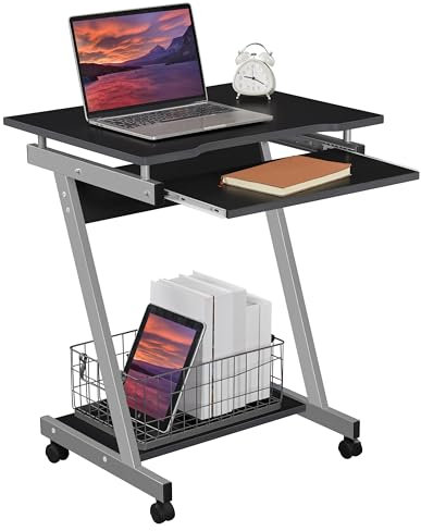 Yaheetech Z-Shaped Small Computer Desk with Sliding Keyboard 4 Wheels for Home, PC Table Movable Portable Table on Wheels for Laptop Foldaway Trolley Study Workstation Z Desk for Small Spaces, Black
