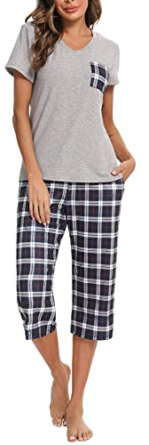 iClosam Ensemble Pyjama Femme Été Coton Poche à Carreaux et Pantalon Capri