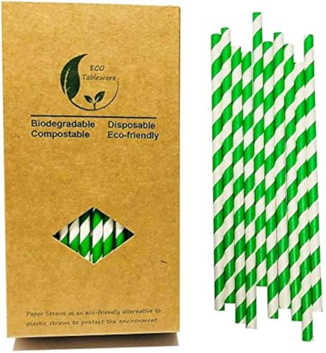 YiYi Nature Daily Christmas Green Stripes Paper Straws, Green White Striped Straws 100 Paper Box Pack, Regular 197mm Paper Straws, (YY-028)