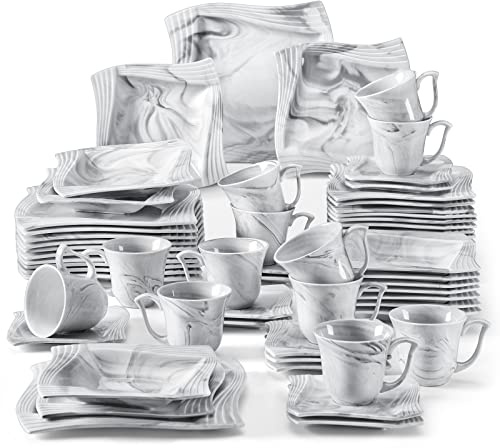 MALACASA, Serie Amparo, 60 tlg. Marmor Porzellan Geschirrset Kombiservice Tafelservice mit je 12 Flachteller, 12 Suppenteller, 12 Dessertteller, 12 Kaffeetassen & 12 Untertassen