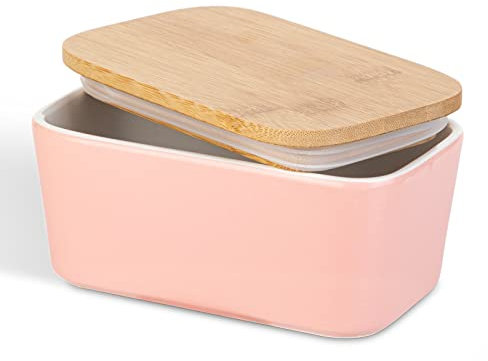 Butterdose Porzellan, Henten Home Butterschale mit Deckel, Keramik Butterdose mit Silikon-Dichtlippe für Alle Arten von Butter (Matt Rosa)