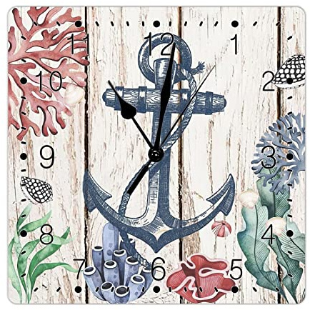 Horloge décorative en bois nautique vintage avec ancre marine rustique et maison de plage - Horloge carrée en bois - 30,5 cm - Fonctionnement à piles - Pour cuisine, salle à manger
