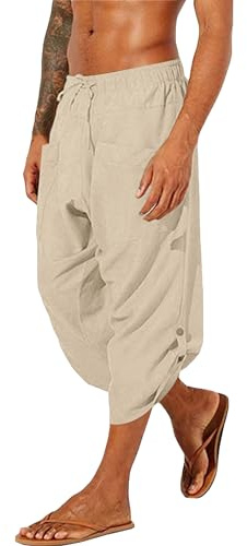 YAOHUOLE Linnetyg korta byxor för män bekväma tygbyxor, Khaki, XL