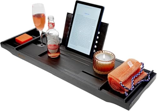 Extendable Bathtub Caddy Tray Bamboo Bath Tub Storage Rack Shelf Holder Adjustable Bathroom Tray Bathtub Storage Bridge Shelf Wine Tablet Holder FREE AFRICAN NET TOWEL (Black)