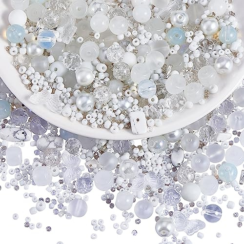 BEEFLYING 300 Stück Glasperlen Farbige Perlen Runde Schmuckperlen 8mm Geeignet Für die Schmuckherstellung, Handyanhänger, Taillenperlenset, Klassenzimmerdekoration, DIY-Herstellung(Weiss)
